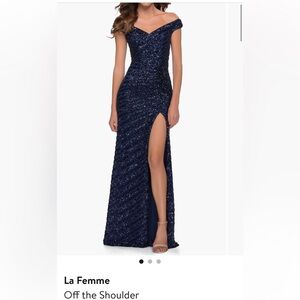 La Femme Midnight Blue Off Shoulder Dress
